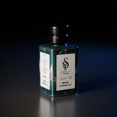 Square perfume bottle with cylindrical cap.