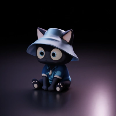 Cat wearing a hat and clothing, big eyes.