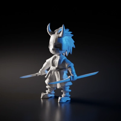 Chibi demon warrior, dual-wielding swords. symmetric geometry, sharp edges, character, smooth edges, simple geometry
