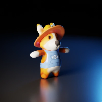 Corgi in firefighter outfit for a game,arms up.