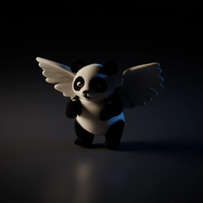 Winged panda, fantasy creature, flying posture.