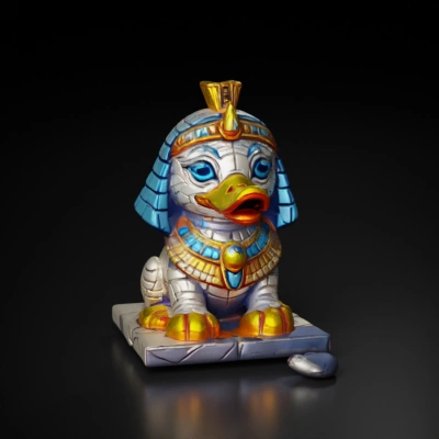 Duck-like pharaoh statue with ancient Egyptian attire.