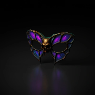 Ornate mask with skull and butterfly wings.
