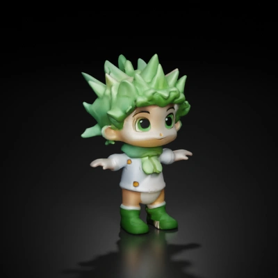 Chibi-style character with spiky hair, cute toy-like.