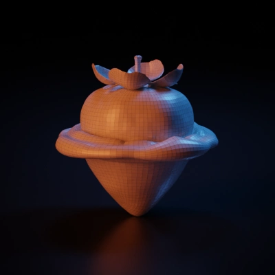Strawberry with flowing cream around it.