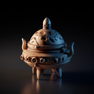 Futuristic ornate teapot, three legs, handles, and spout.