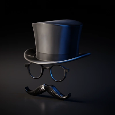 Top hat, round glasses, and mustache floating in mid-air.