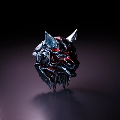 Mechanical wolf head with futuristic design.