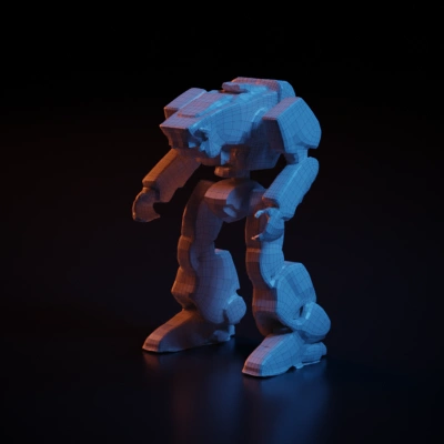 Giant battle-ready mech with laser weapons, four legs. symmetric geometry. sharp edges. complex geometry. game-ready.