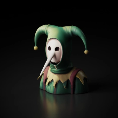 Jester masquerade character with long nose mask, symmetrical model.
