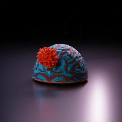 Alien world with fiery outgrowths and intricate blue patterns.