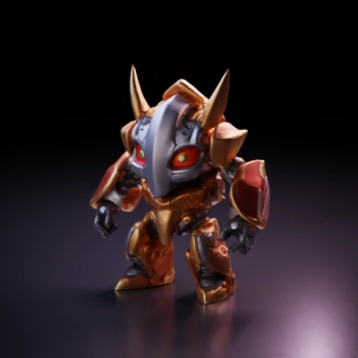 Battle-ready mech with glowing red eyes, heavily armored.