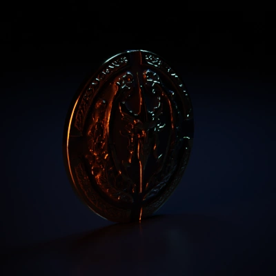 Intricate decorative shield featuring a mythical face, floral patterns.