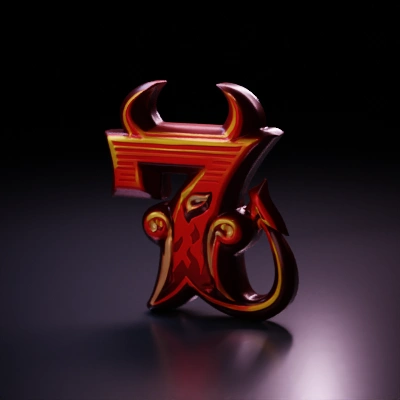 Demonic number with horns and tail, fiery design.