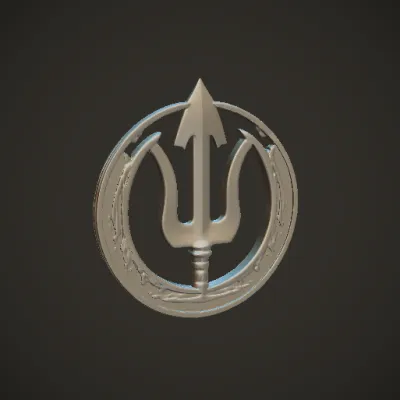 Trident emblem with laurel wreath, ceremonial insignia. symmetric geometry, smooth edges.
