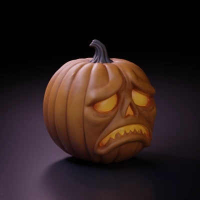 Carved pumpkin with sad face.