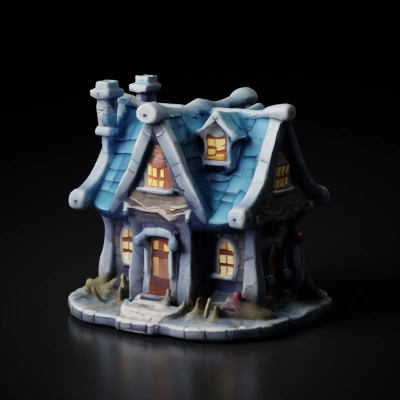 Fantasy medieval stone cottage, glowing windows, fairy tale feel.