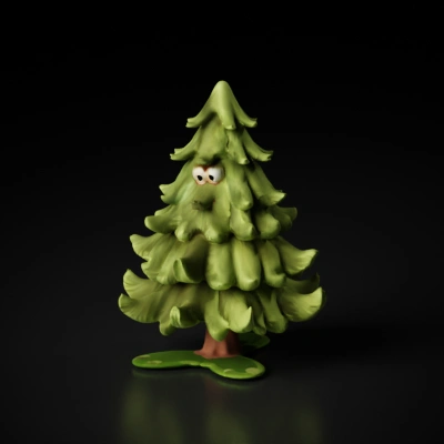 Friendly cartoon pine tree with a smiling face.