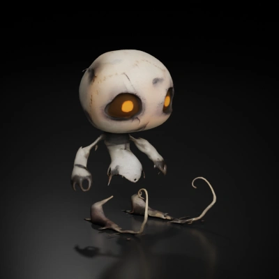 Creepy doll-like figure with large eyes and stitched body.