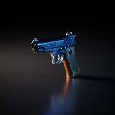 Handgun with textured grip, metal frame.