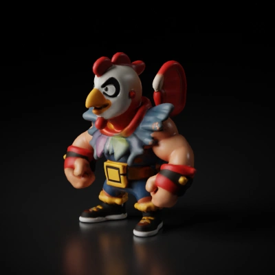 Strong muscular chicken humanoid character, boxing gloves, colorful feathers.