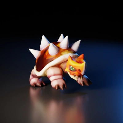 Spiked shell creature with orange head, character, smooth edges, complex geometry.