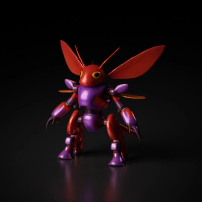 Insect-inspired robot warrior, insect wings, mechanical arms.