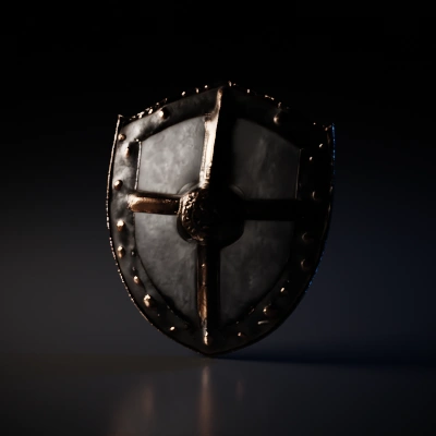 highly detailed medieval shield, shiny metal.