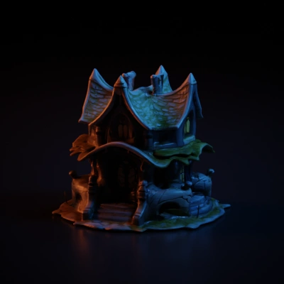 Medieval fantasy house with stairs and lanterns.