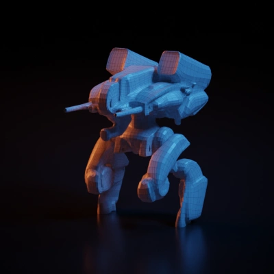 Robotic mech with heavy artillery, futuristic design.