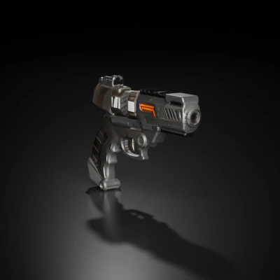 Futuristic handgun with advanced attachments.