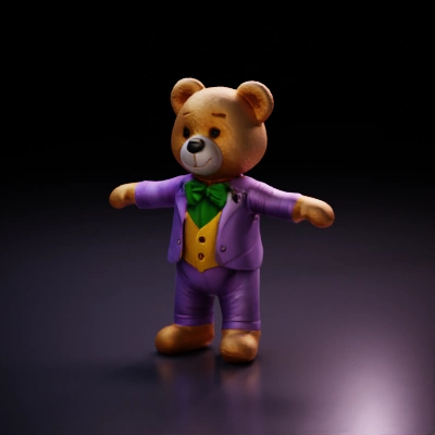 Stuffed teddy bear wearing suit and bow tie.
