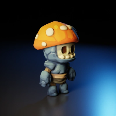 Cartoon mushroom-headed skeleton character.