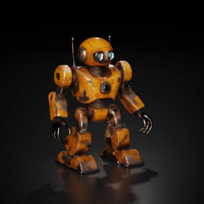 Battle-worn robot with mechanical joints humanoid hands and glowing eyes.