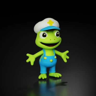 Frog in overalls and hat, cartoon character with a smile.