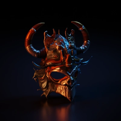 Skull-themed warrior helmet with mechanical and horned embellishments.
