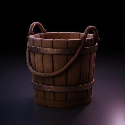 Wooden bucket with rope handle.