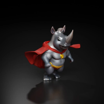 Muscular anthropomorphic rhino in superhero costume, standing.