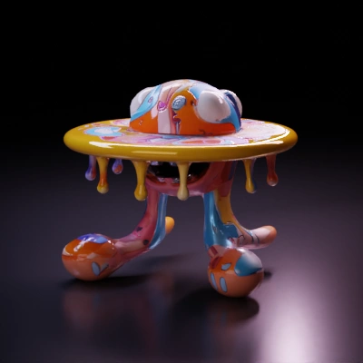 Smiling alien creature with multiple legs, melting surface.