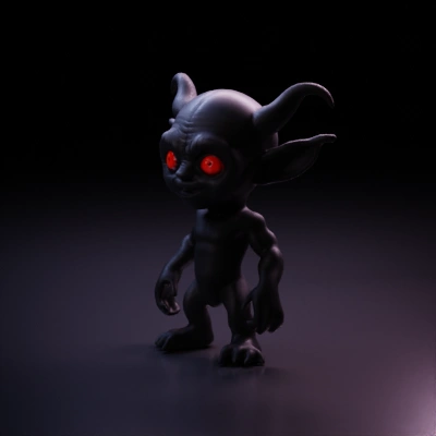 Small demon-like figure with large ears and red eyes. Realistic