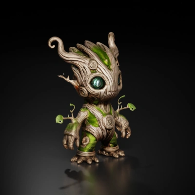Tree-like creature with glowing eyes, plant elements.