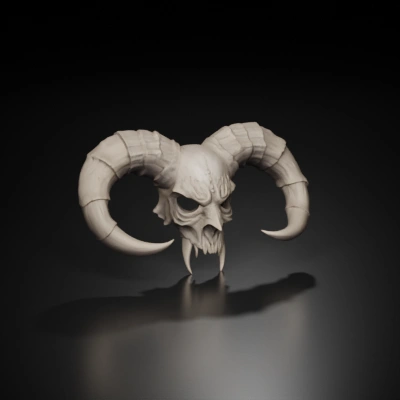 Demonic skull with large twisted horns.