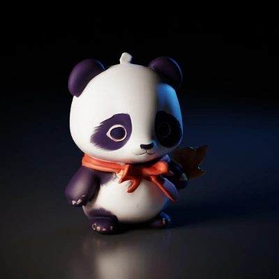 Cute cartoon panda with a red scarf, holding a leaf.