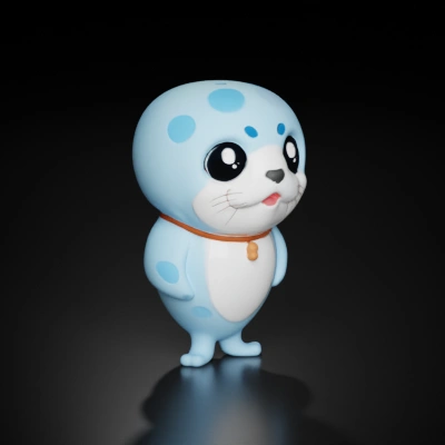 Cartoon seal-like character with large eyes.