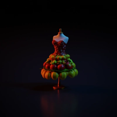 a beautiful dress made out of fruit, on a mannequin. studio lighting, high quality, high resolution