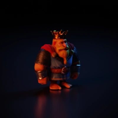 Medieval cartoon king with a crown, elaborate costume.