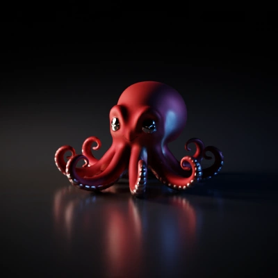 Cartoonish smiling octopus with closed eyes, ten tentacles. Use matte materials. Minimal glow or reflections