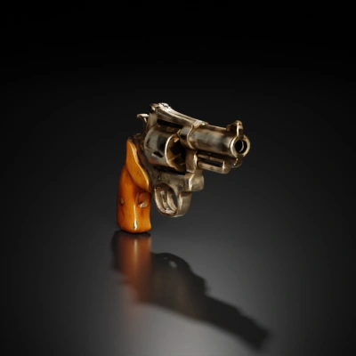 Handheld revolver, metal and wood, six-shot design.
