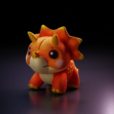 Plush dinosaur toy, adorable, horned, cartoonish.