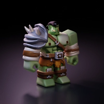Orc-like character with armor, muscular build. big teeth